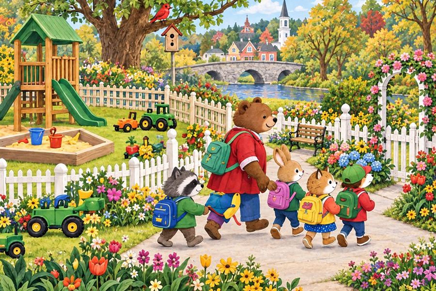 Illustrated animal friends enjoying adventures
