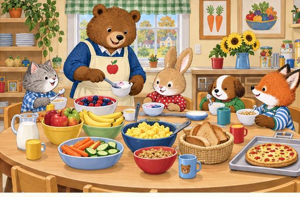 Illustrated animal friends enjoying breakfast