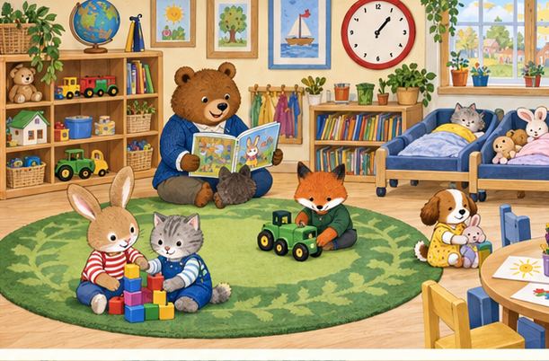 Illustrated animal friends enjoying day