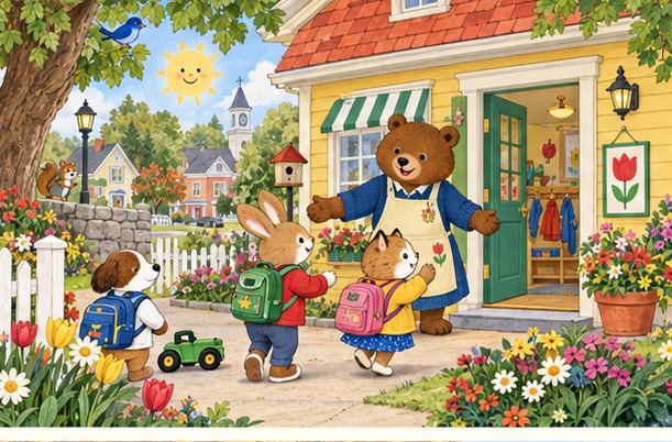 Illustrated animal friends enjoying daycare