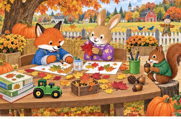 Illustrated animal friends enjoying learning