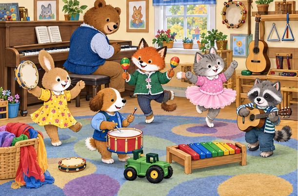 Illustrated animal friends enjoying music